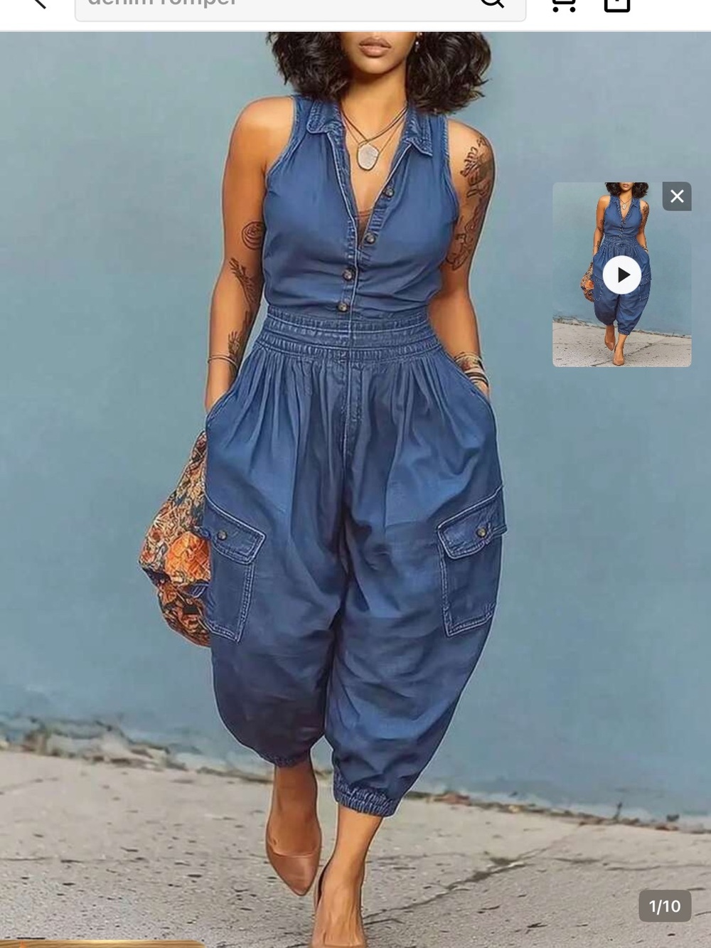 Sleeveless Denim-Style Cargo Harem Jumpsuit in Indigo
